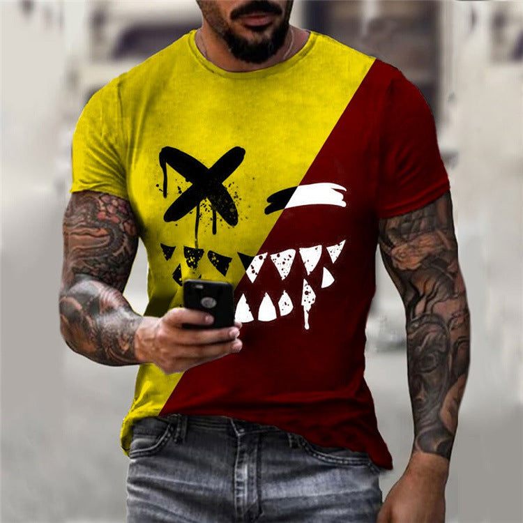 Round Neck Colorblock Smiley Face Short-Sleeved T-Shirt